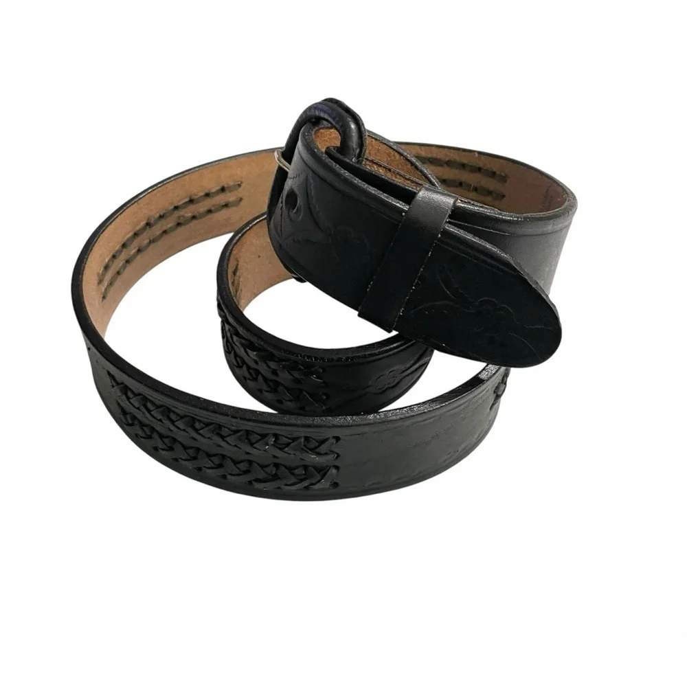 Vtg Mens Belt Black Leather 38 Handcrafted Mexico Cowboy Rodeo Western 1.5